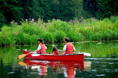 Family of three canoing on a calm river