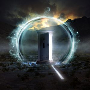 A door opens into a new dimension coming from a sphere of blue energy on a dreamy landscape